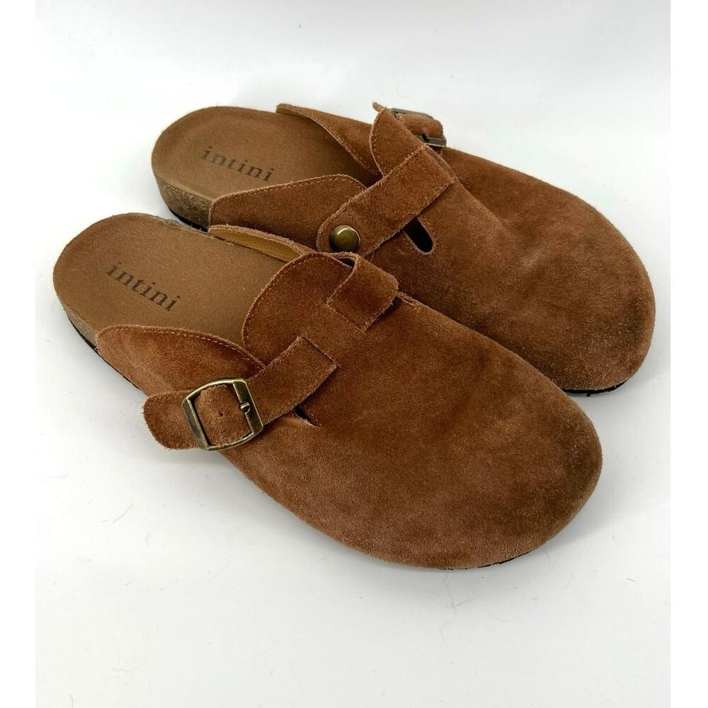 Intini | Suede Clogs Cork Footbed Slip On Mules Buckle Brown Tan Women's EU 40